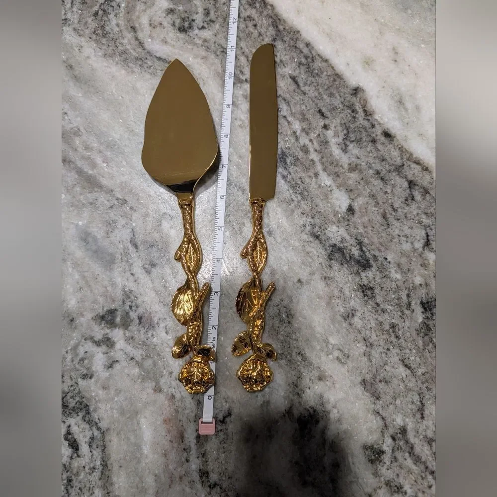 NIB Gold Tone Cake Server and Knife Set, Rose And Leaf Motif, Personalizable